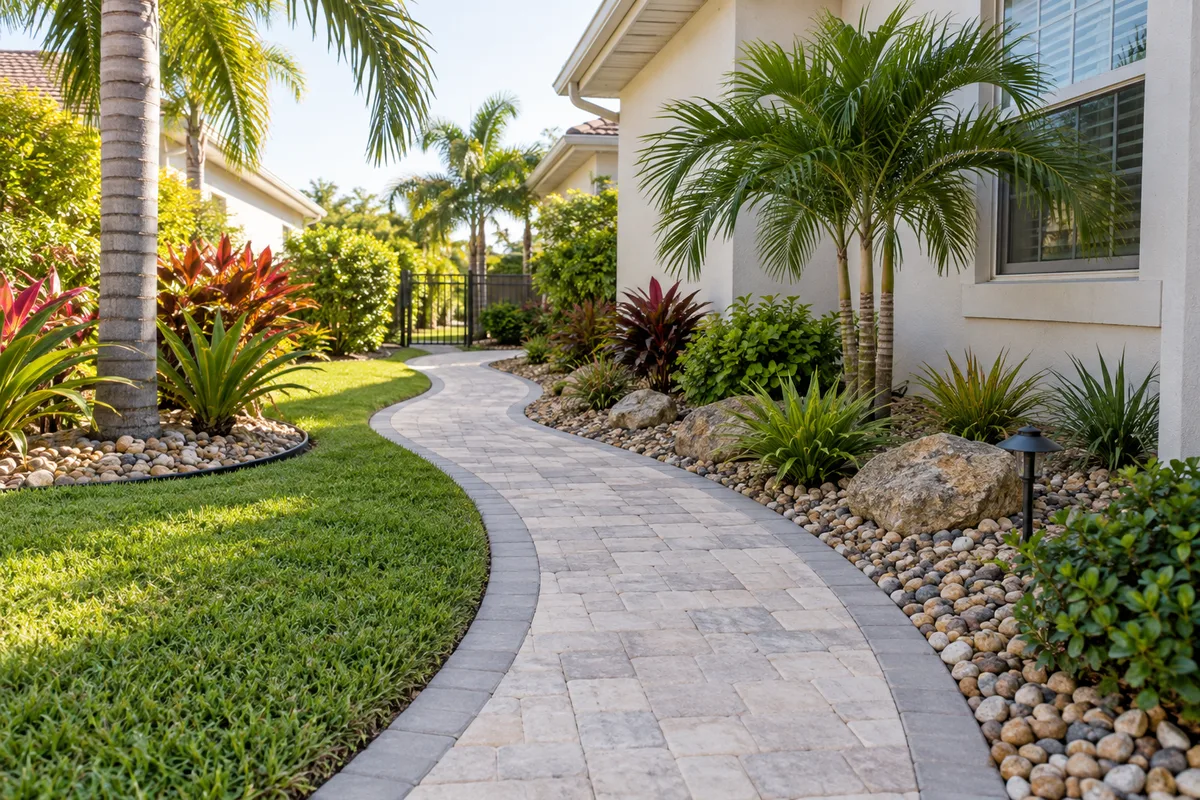 AI concept of a curved paver walkway with decorative rock