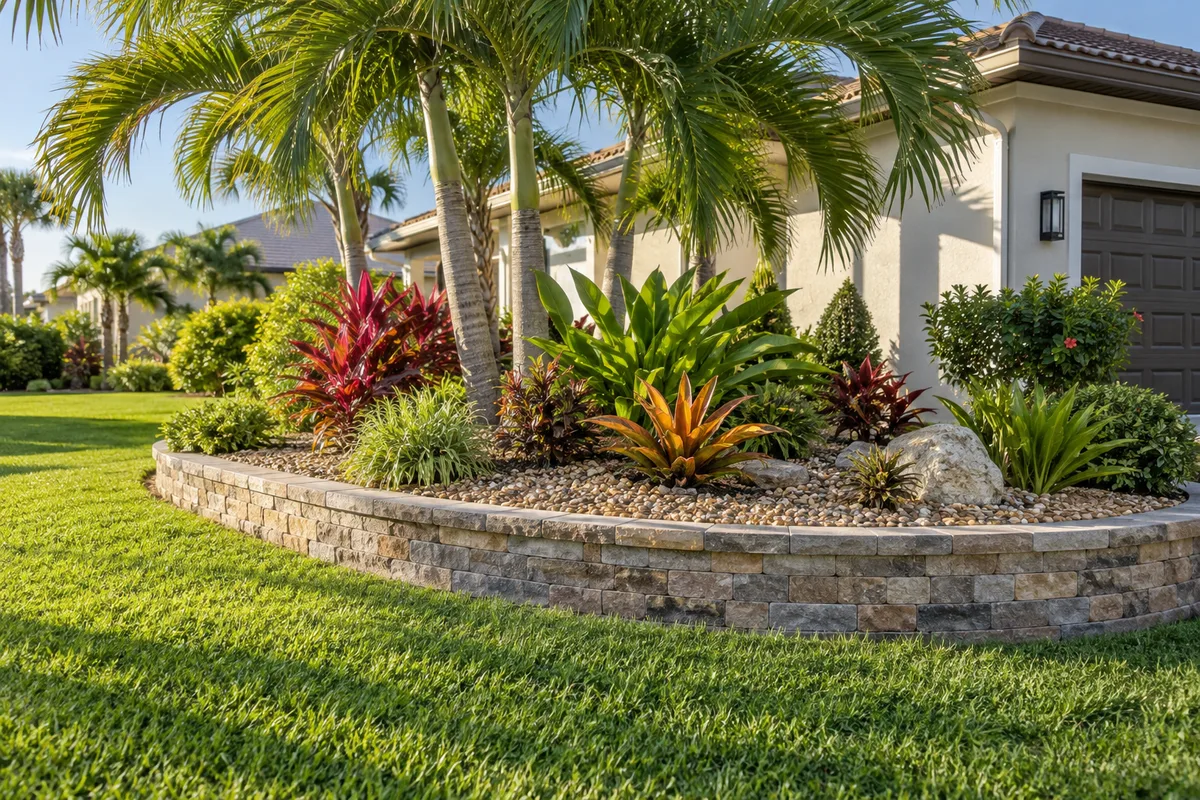 AI concept of a low retaining wall surrounding a palm bed