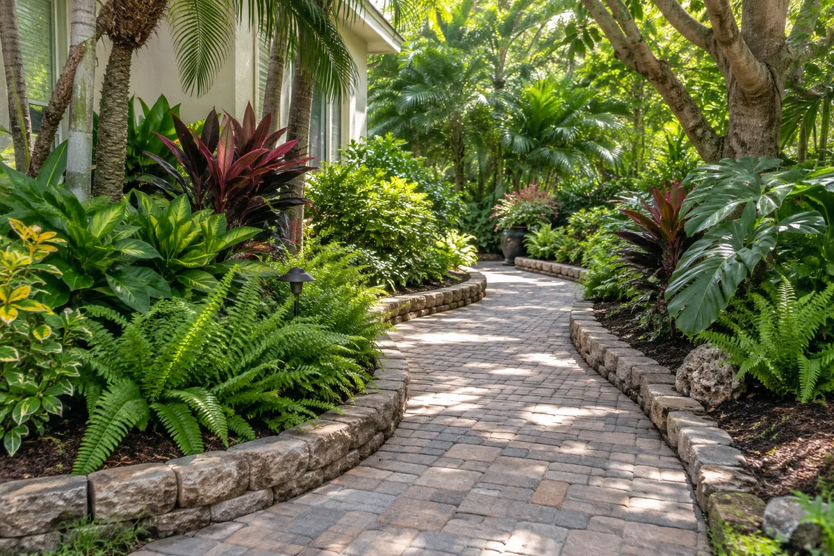 AI concept of a shaded paver garden walkway