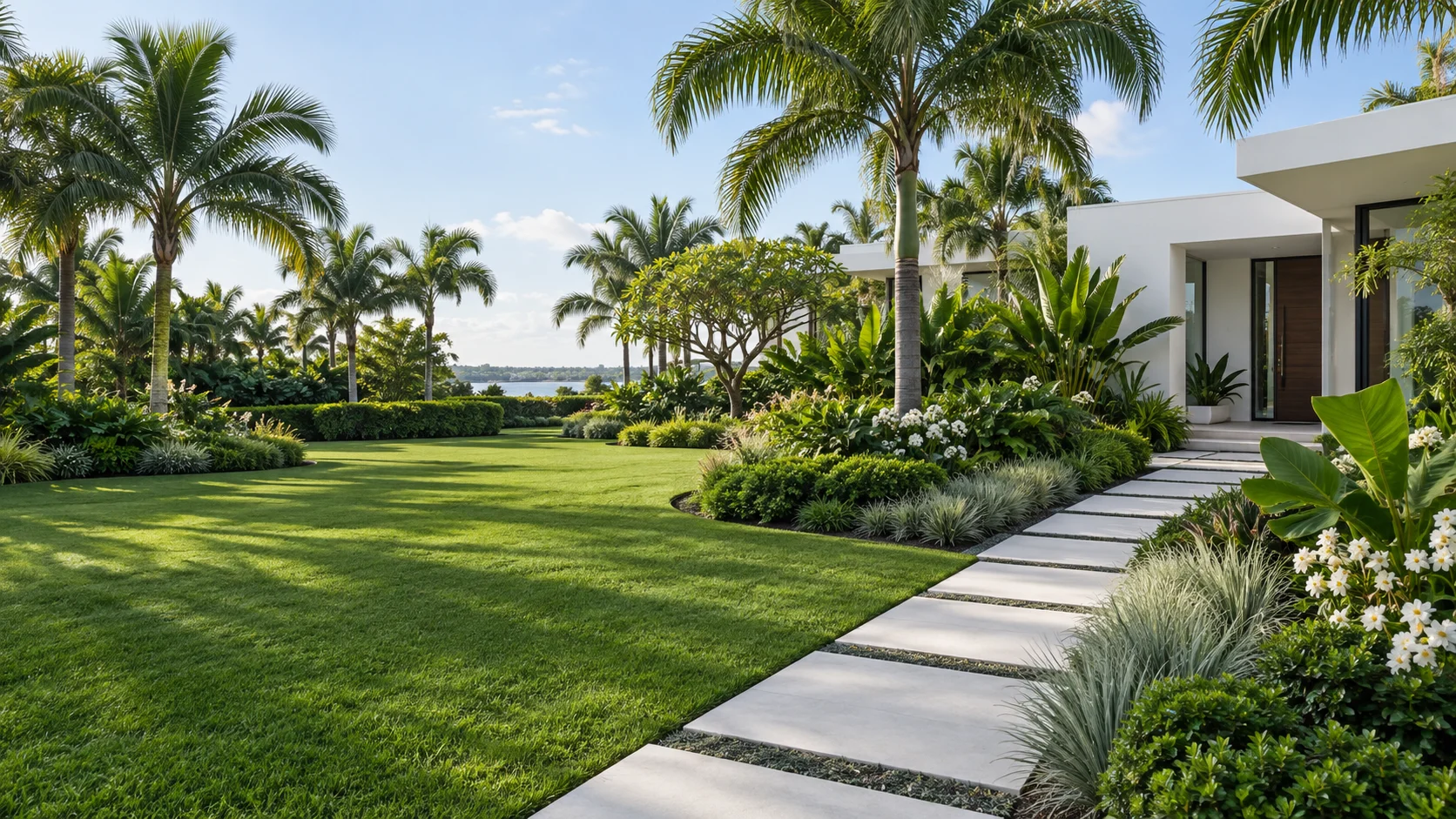 AI landscape concept with tropical planting, lawn, and a garden path